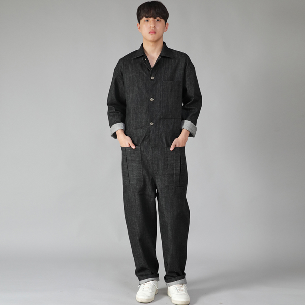 오버라운드 테이퍼드 카고 점프슈트 OT-502C 데님 블랙 BKS