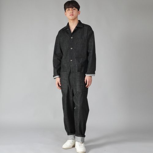 오버라운드 테이퍼드 카고 점프슈트 OT-502C 데님 블랙 BKS