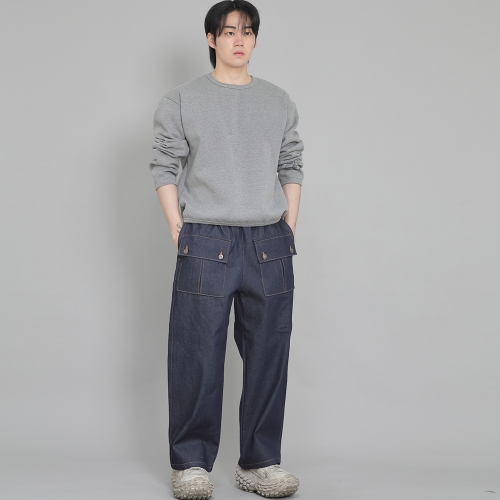 EX 와이드 더블버튼 카고팬츠 EDC-345 데님 인디고