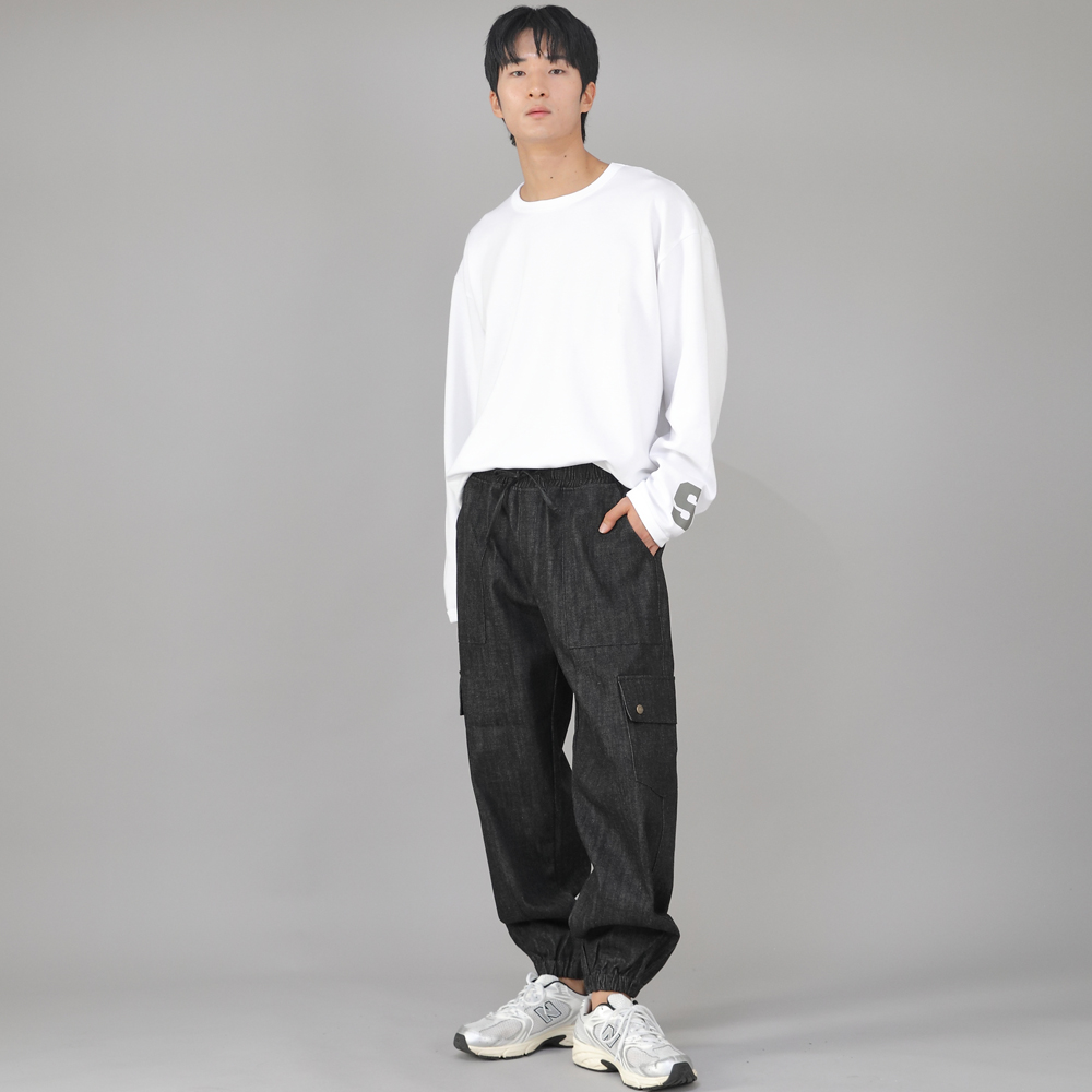 스냅버튼 와이드 카고조거 팬츠 SWC-361 데님 블랙 BKS