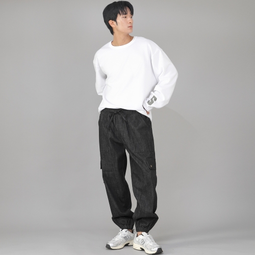 스냅버튼 와이드 카고조거 팬츠 SWC-361 데님 블랙 BKS