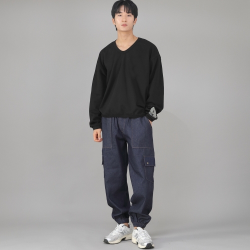 스냅버튼 와이드 카고조거 팬츠 SWC-361 데님 인디고 BRS