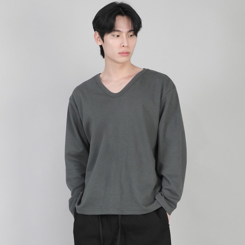 무지 V넥 긴팔티셔츠 RVL-877 슬레이트 그레이