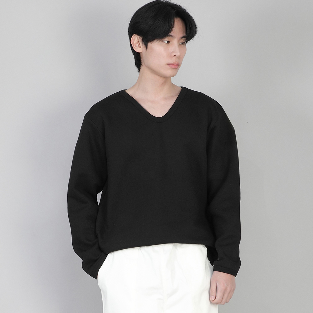 기모 무지 V넥 스웨트셔츠 PRR-871 블랙