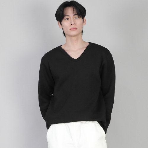기모 무지 V넥 스웨트셔츠 PRR-871 블랙