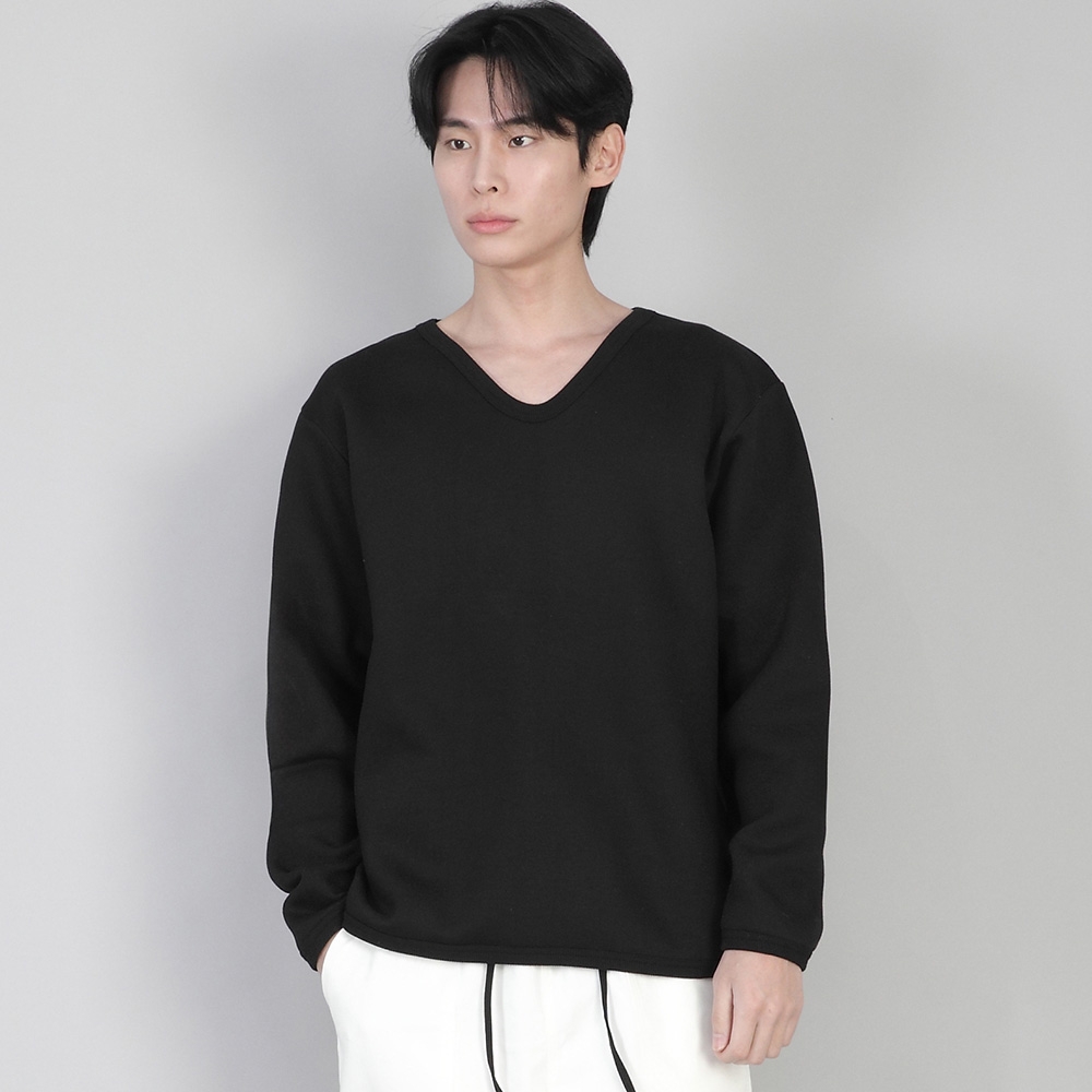 기모 무지 V넥 스웨트셔츠 PRR-871 블랙