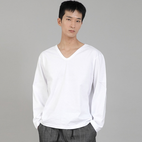 무지 V넥 긴팔티셔츠 RVL-877 화이트