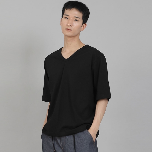 무지 V넥 16s코튼 5부 반팔티셔츠 V-8A01 블랙