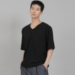 무지 V넥 16s코튼 5부 반팔티셔츠 V-8A01 블랙