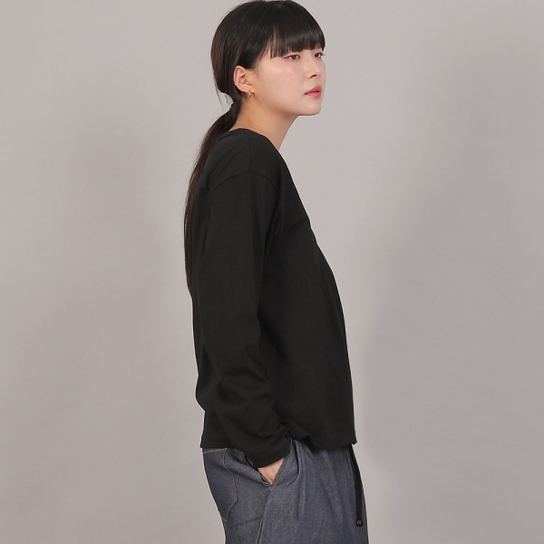 오버핏 16s 코튼 V넥 긴팔티셔츠 COL-8A19 블랙