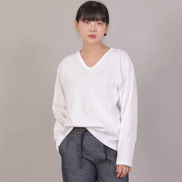 오버핏 16s 코튼 V넥 긴팔티셔츠 COL-8A19 화이트
