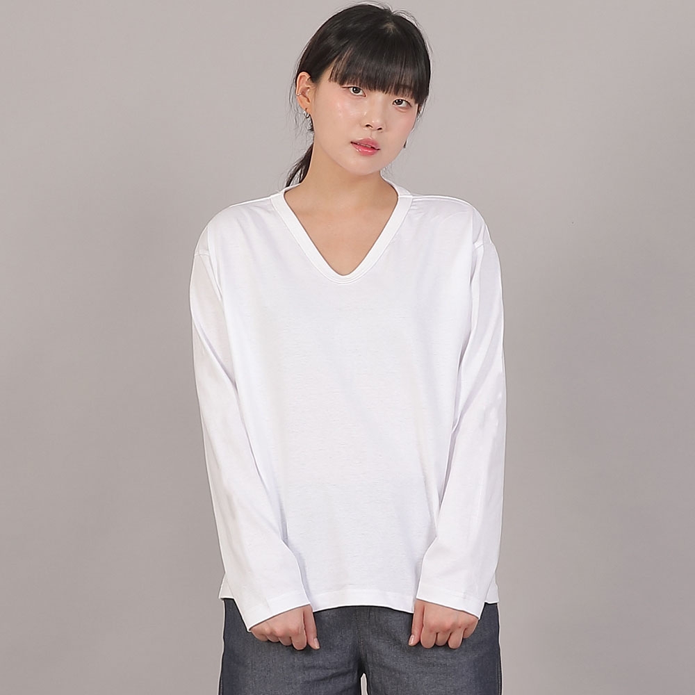 오버핏 16s 코튼 V넥 긴팔티셔츠 COL-8A19 화이트