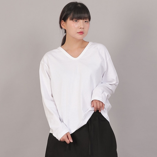 오버핏 소프트 V넥 긴팔티셔츠 CVL-8A20 화이트