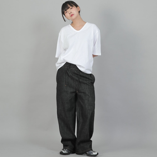 포켓리스 워크 밴딩 와이드팬츠 EWW-385 데님 블랙