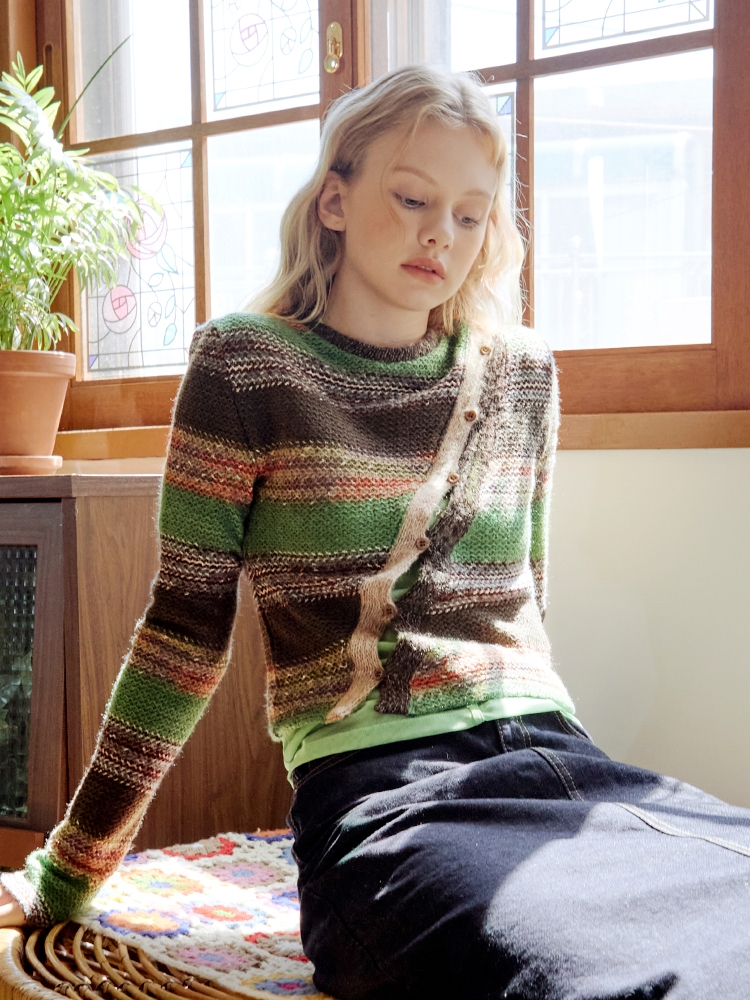 Slash Button Stripe Knit (Green)