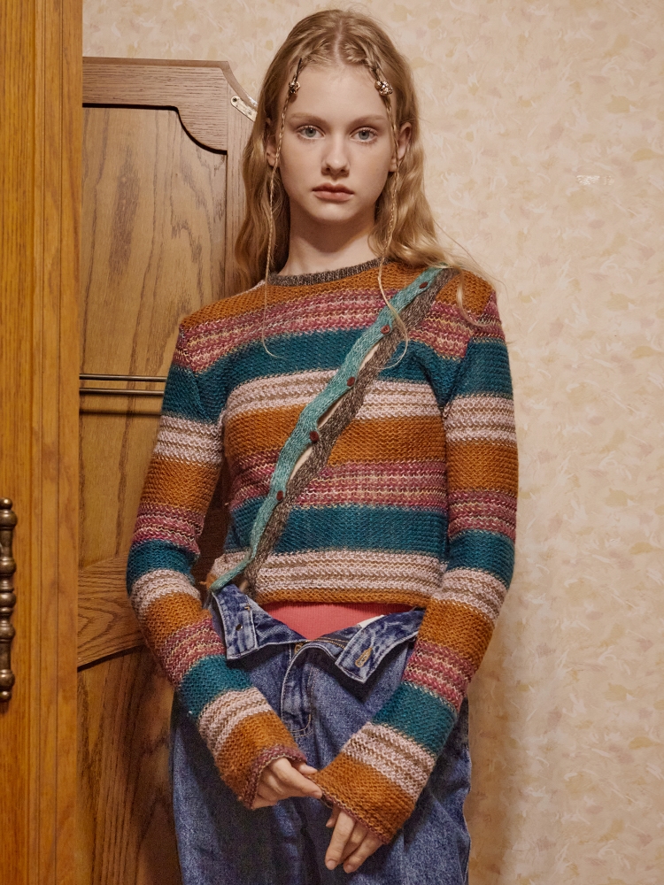 Slash Button Stripe Knit (Orange)