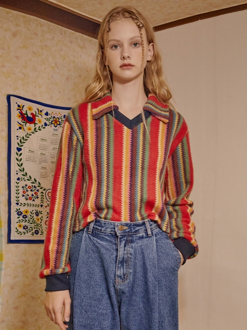 Open Collar Stripe Knit (Red)