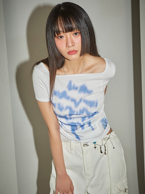 Wave Print Shirring T-Shirt (Ivory)