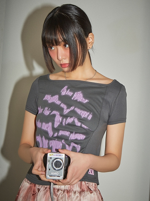 Wave Print Shirring T-Shirt (Charcoal)