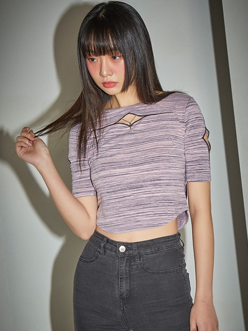 Stripe Glitter Slit Crop T-shirt (Pink)