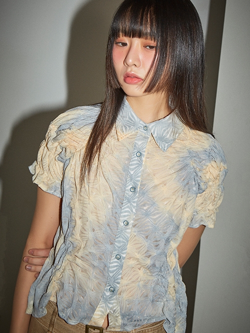 Gradation Printing Shirring Blouse
