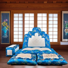 명품5봉 보료방석 대 - 물비취색 사군자국화 + 유백색 양단 (JB0908)