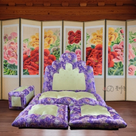 명품5봉 보료방석 대 - 중보라 사군자국화+연두미색 양단 (JB0907)