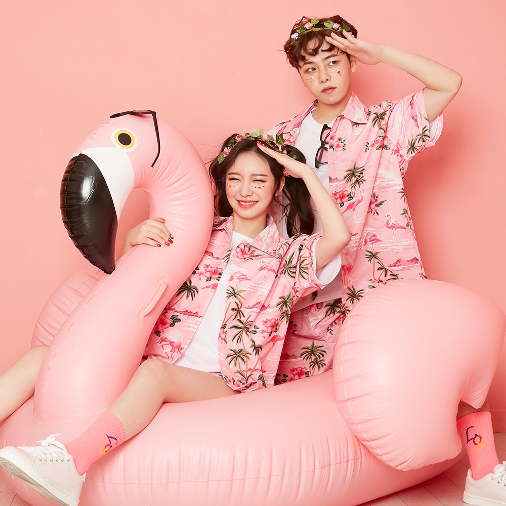 플라밍고반티 하와이안셔츠 핑크