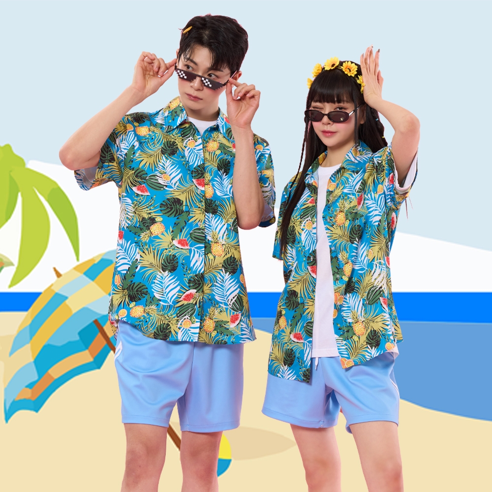 하와이안 트로피칼 셔츠 세트 블루