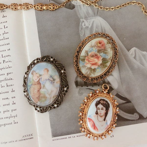 vintage lady and flower brooches