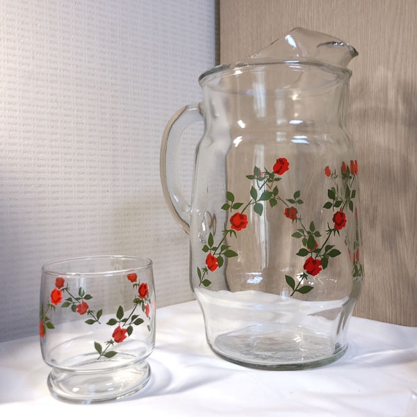 vintage red rose glass cup & pitcher