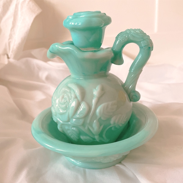 vintage milk blue green rose jug set