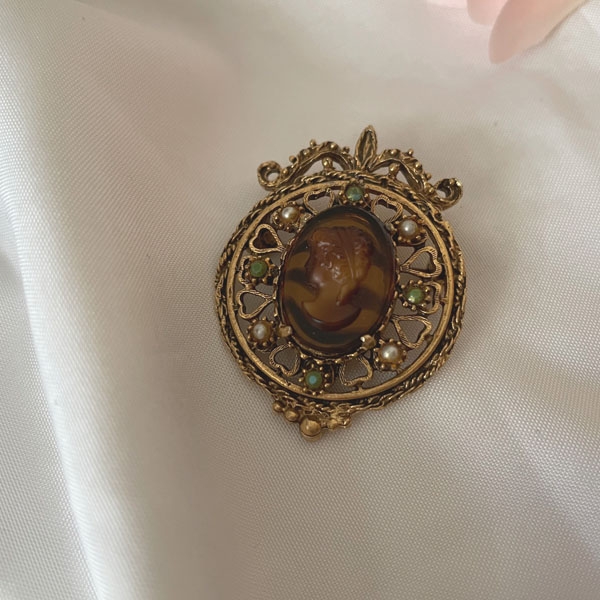 vintage amber green cameo brooch