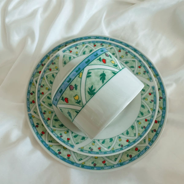 vintage mini tulip green cup and saucer trio set