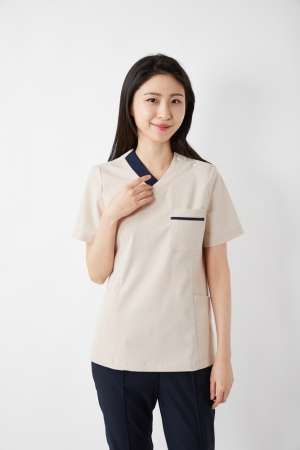 V넥 배색포인트 L.베이지 상의-4665