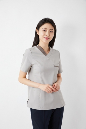 V넥 배색포인트 웜그레이 상의-4666