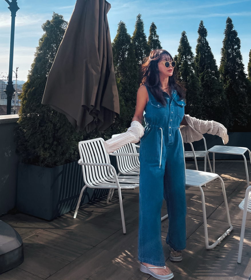 루즈핏 데님 점프수트 [허리스트링/사계절점프수트/여행룩]