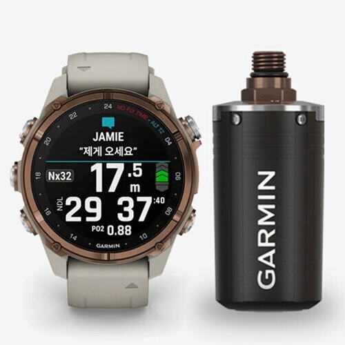 [펠리칸케이스증정]가민 Descent Mk3i &ndash; 43mm 브론즈 PVD 티타늄, 프렌치 그레이 실리콘 밴드 + T2 트랜스미터