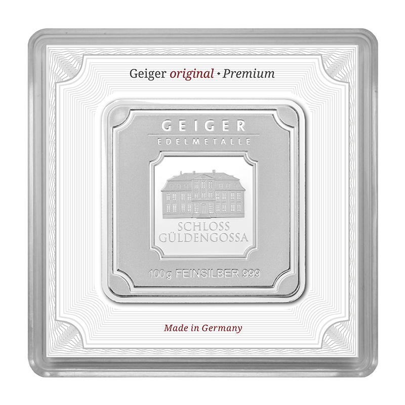 Geiger Silver original square 100 gram Minted bar