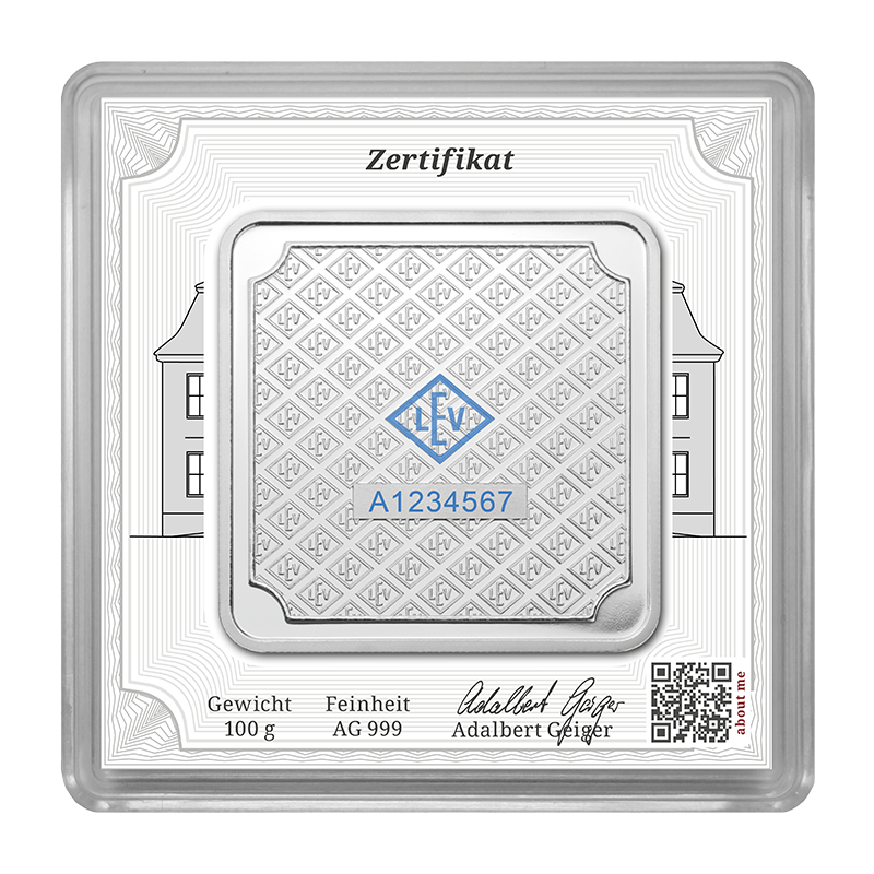 Geiger Silver original square 100 gram Minted bar