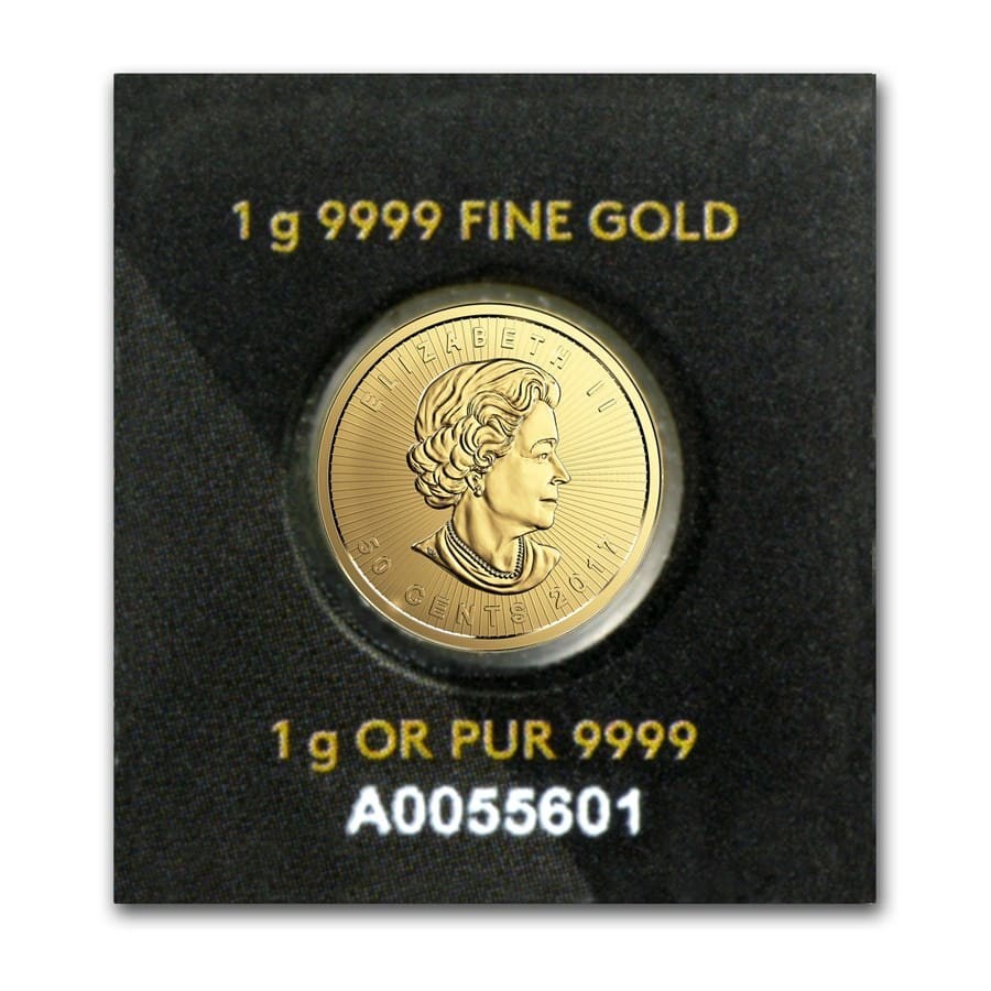 Random Year Maple Leafs 1 gram Gold coin from Maplegram25 (In Assay)