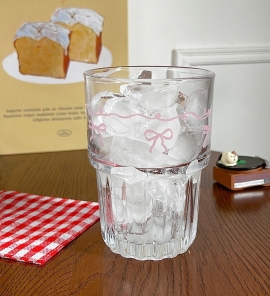 리본 레이스컵 강화유리컵 핑크 리본 홈카페 아이스아메리카노잔 380ml