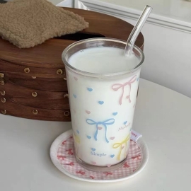 리본 하트컵 데일리 예쁜 유리잔 라떼잔 커피머신컵 350ml(빨대미포함)