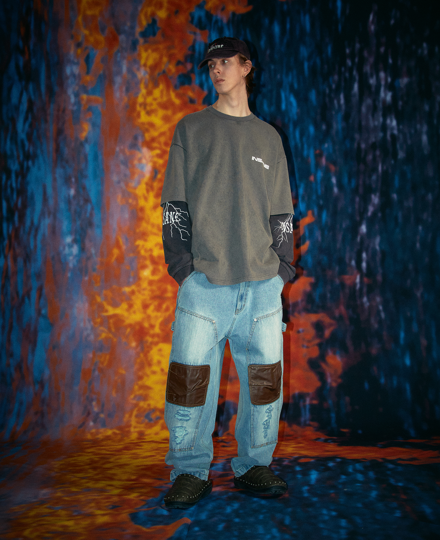INSANE LEATHER DOUBLE-KNEE WORKPANTS_LIGHT INDIGO