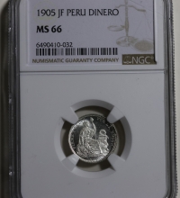 페루 1905년 디네로 (Dinero) 은화,KM#204.2/2.5g/은90%/18mm/ NGC 66 완전미사용
