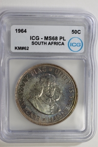 남아프리카 1964년 50센트,얀 반 리베크(Jan van Riebeeck),은화 ICG MS 68 PL(Prooflike) 프루프 라이크