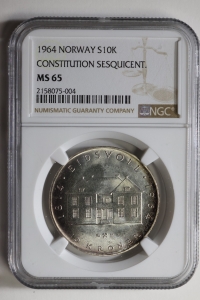 노르웨이 1964년 10크로네,헌법 150주년 기념 은화 NGC MS 65 완전미사용