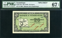 과들루프 Guadeloupe 1942 25 Francs P22s Specimen PMG 67 EPQ 퍼펙트 완전미사용