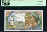 레위니옹 Reunion 1947 500 Francs P46s Specimen PCGS 64 미사용