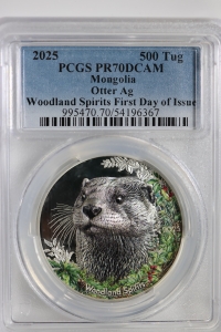 몽골 2025년 숲의 정령 '수달' 1온스 은화 PCGS PR70, 퍼스트 데이 최고등급